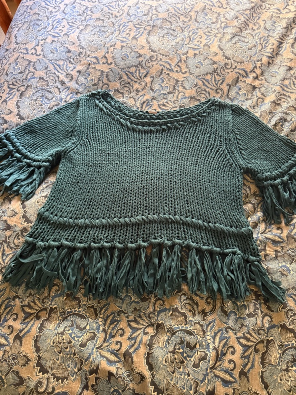 Free People Teal On the Fringe Scoopneck Sweater
